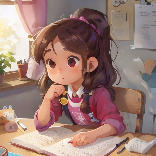 a girl sitting at a table with a book and pen in her hand and a potted plant in the background