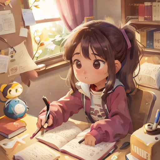 a girl sitting at a desk writing on a book with a teddy bear nearby and a window in the background