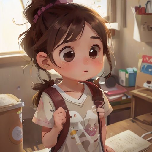 a little girl with a backpack standing in a room with a desk and a window in the background, looking at the camera