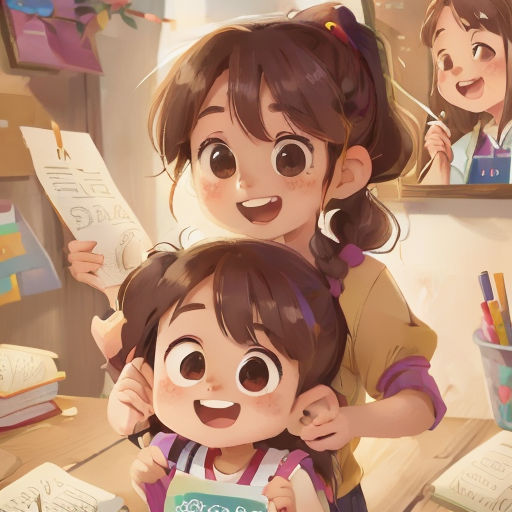 a woman and a child are standing in front of a desk with books and a book bag on it