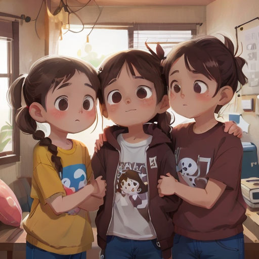 three children standing next to each other in a room with a window and a table with a laptop on it