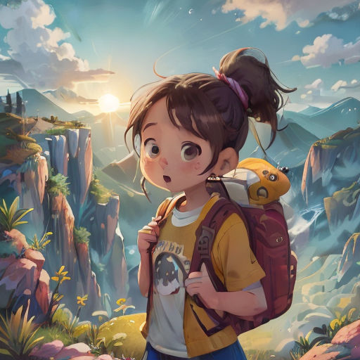 a girl with a backpack standing in front of a mountain range with a cat on her back and a bird on her shoulder