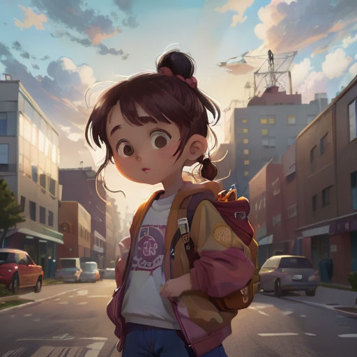 a girl with a backpack is standing on the street in the city, looking at the camera and smiling