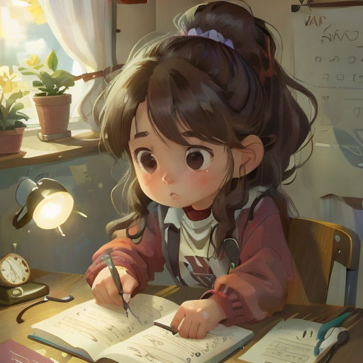 a girl sitting at a desk writing on a book with a clock in the background and a lamp on the wall