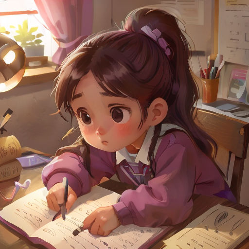 a girl sitting at a desk writing on a piece of paper with a pen in her hand and a book in front of her