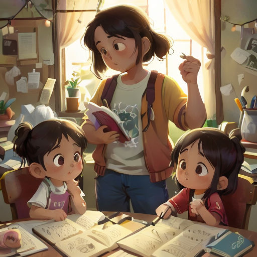 a woman standing next to two children at a table with books and papers on it, and a window in the background