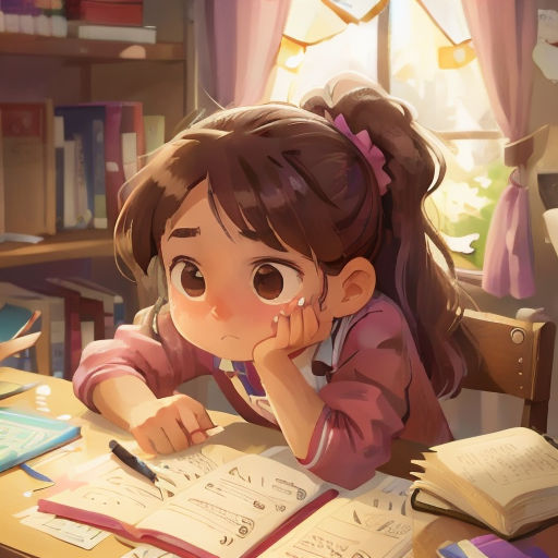 a little girl sitting at a desk with a book and pen in her hand and looking at the camera