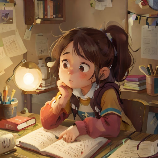 a girl sitting at a desk with a book and a lamp in front of her and a book on the desk