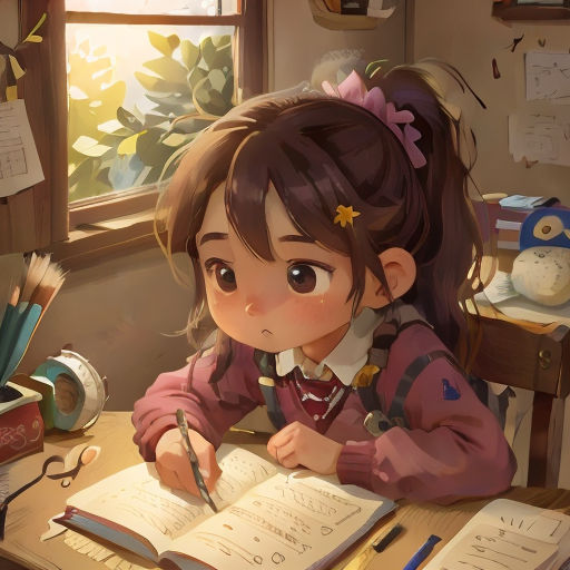 a girl sitting at a desk writing on a book with a pen and a teddy bear on the desk