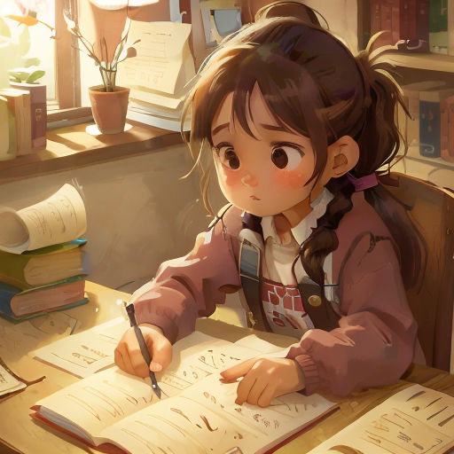 a girl sitting at a desk writing on a piece of paper with a pen in her hand and a book in front of her