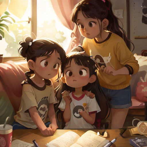 three children are sitting on a couch with books and a cup of coffee in front of them, and a book on the table