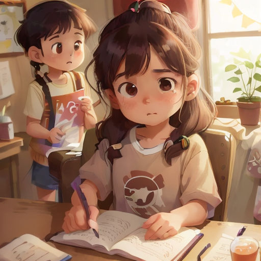 a girl sitting at a desk with a book and pen in her hand and another girl standing behind her