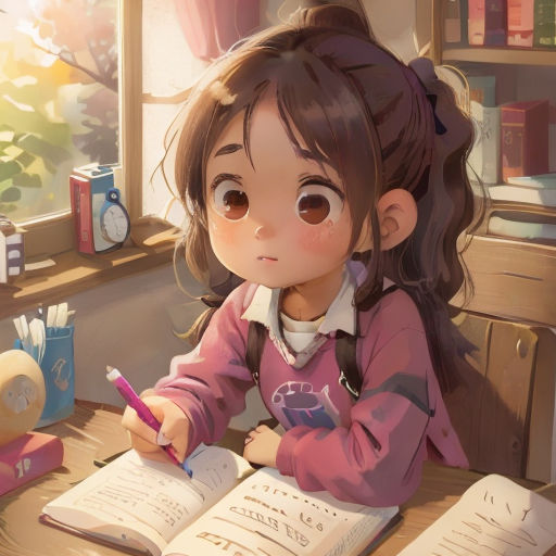 a girl sitting at a desk with a book and pen in her hand and a book in front of her