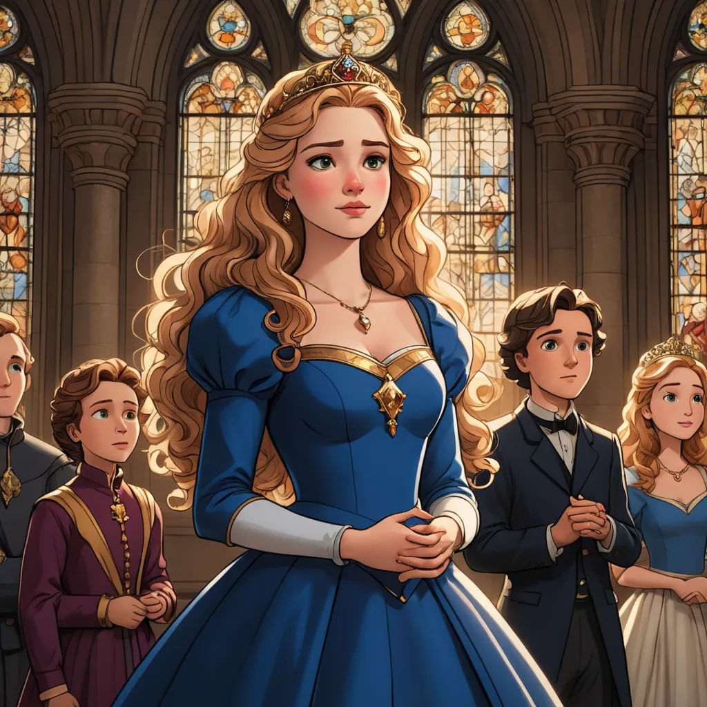 a group of people standing in front of a stained glass window in a building with a woman in a blue dress, sots art, a storybook illustration, disney, rossdraws global illumination