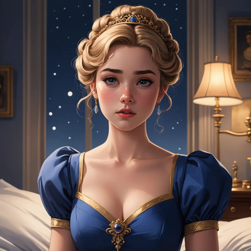 a woman in a blue dress sitting on a bed in a room with a lamp and a painting of a woman in a blue dress, fantasy art, a detailed painting, Charlie Bowater, trending on art station