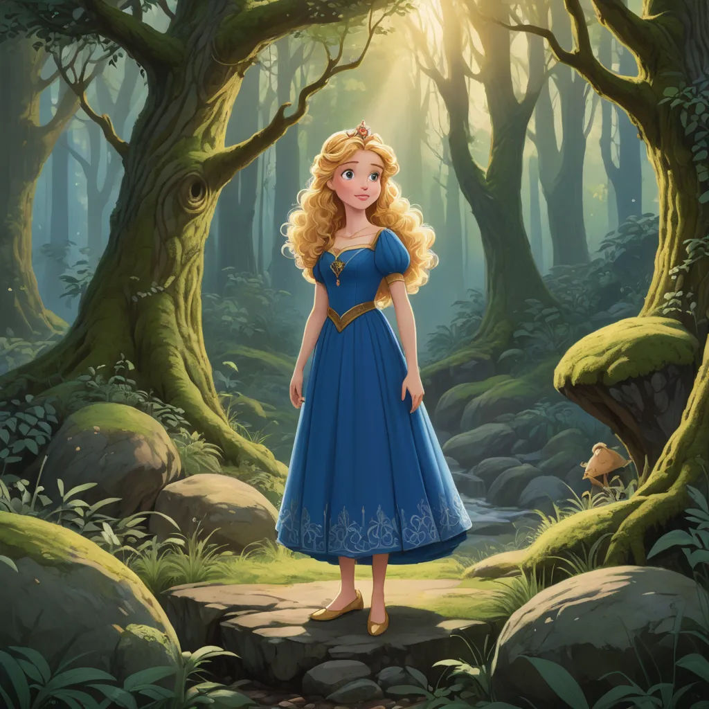 a painting of a young girl in a blue dress standing in a forest with a bear in the background, fantasy art, a storybook illustration, disney, official art