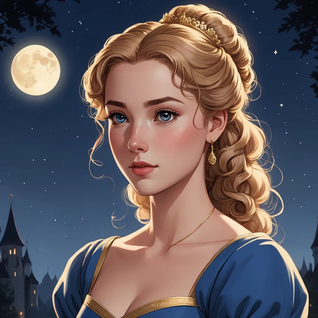 a painting of a woman in a blue dress with a tiara on her head and a full moon in the background, fantasy art, a detailed painting, Charlie Bowater, trending on art station