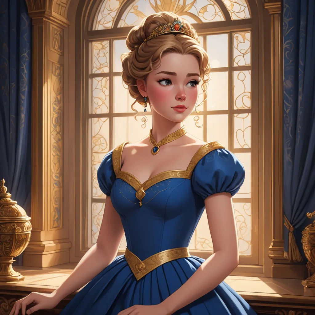 a woman in a blue dress sitting in front of a window with a gold crown on her head and a blue dress on her shoulders, fantasy art, an ultrafine detailed painting, Charlie Bowater, rossdraws global illumination