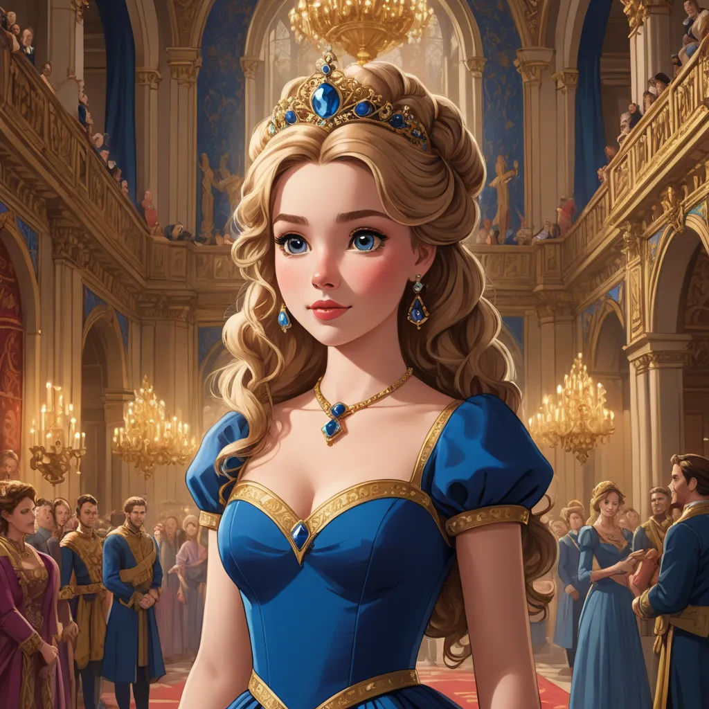 a woman in a blue dress standing in a hall with a crown on her head and people in the background, fantasy art, a detailed painting, disney, rossdraws global illumination