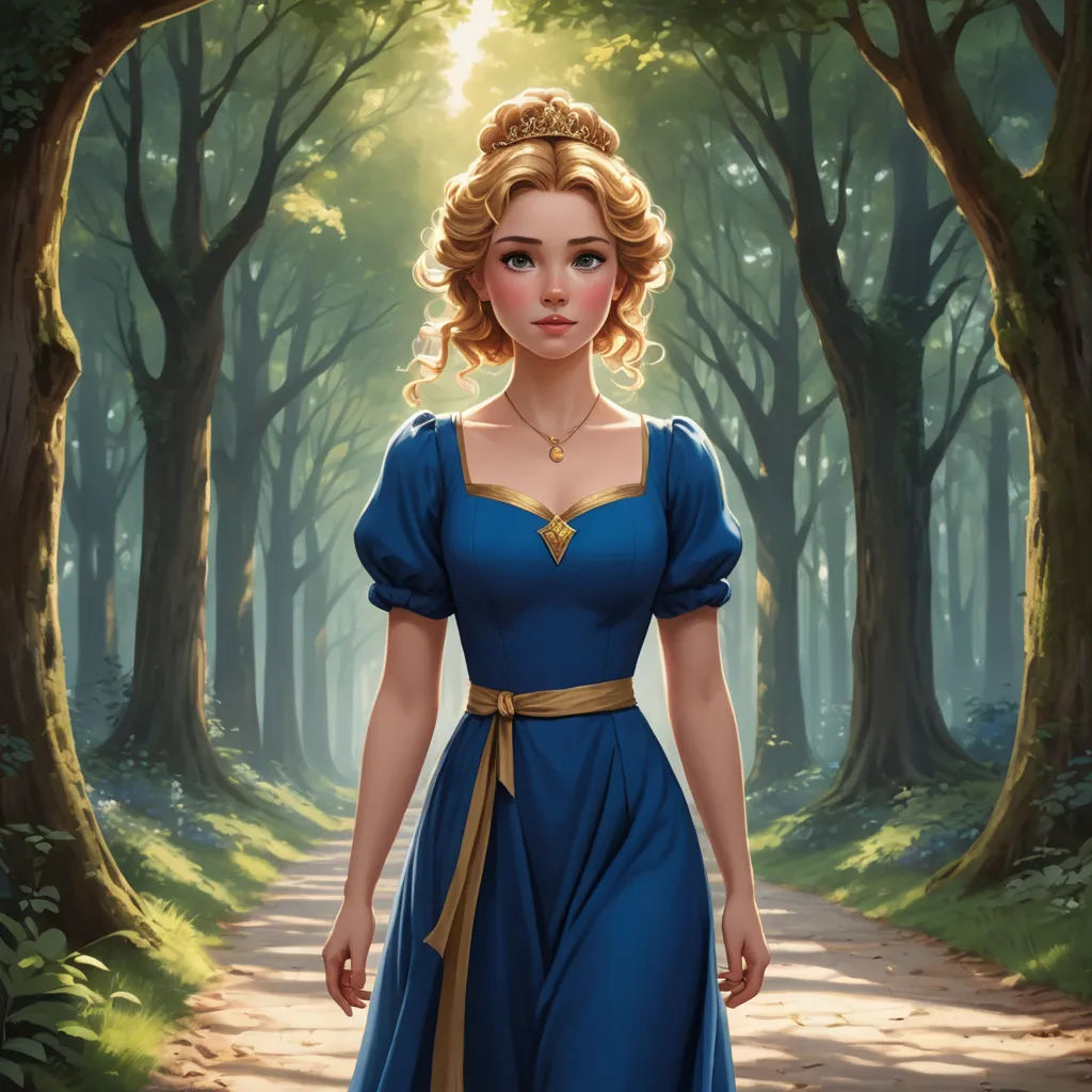 a painting of a woman in a blue dress walking through a forest with trees and a path leading to a light, fantasy art, a storybook illustration, Charlie Bowater, official art