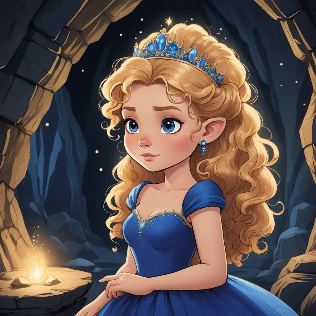 a cartoon of a princess in a blue dress with a tiara on her head and a candle in her hand, fantasy art, a storybook illustration, Alice Prin, storybook illustration