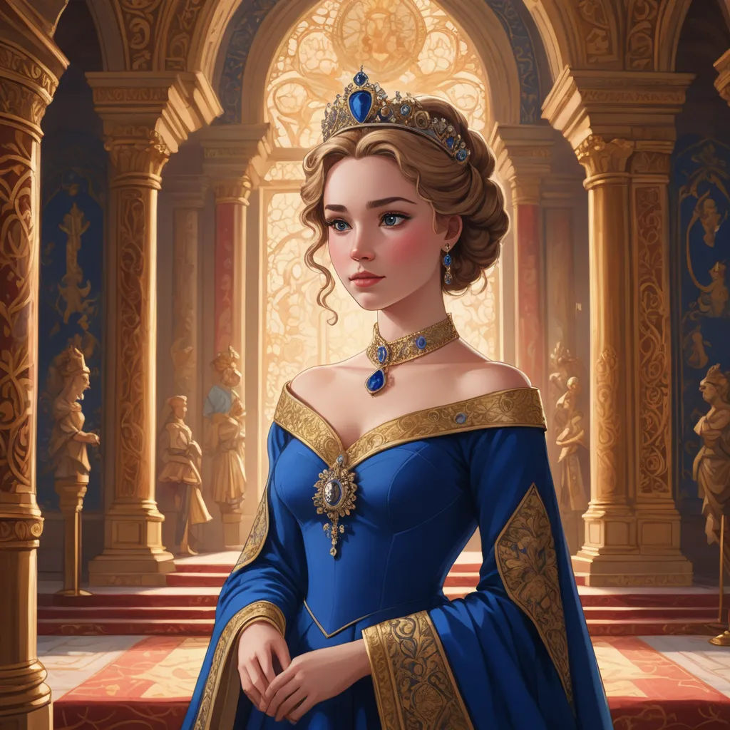 a woman in a blue dress with a tiara on her head and a gold necklace on her neck, fantasy art, a detailed painting, Charlie Bowater, rossdraws global illumination