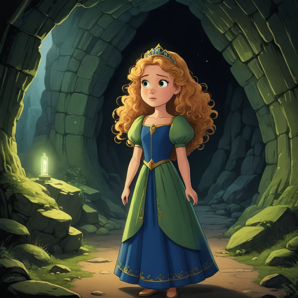 a cartoon of a princess in a green dress standing in a cave with a light shining on her head, fantasy art, a storybook illustration, Arthur Hughes, storybook illustration