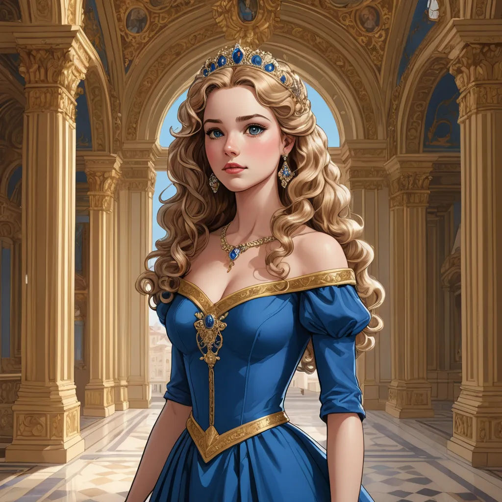 a beautiful young lady in a blue dress in a palace hallway with columns and arches on either side of her, fantasy art, a character portrait, Charlie Bowater, beautiful detailed