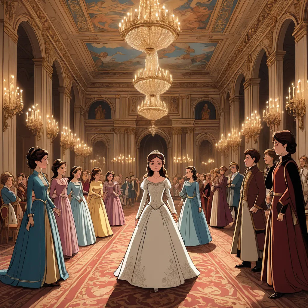a group of people in dresses standing in a hall with chandeliers and chandeliers hanging from the ceiling, neoclassicism, a storybook illustration, disney, official art