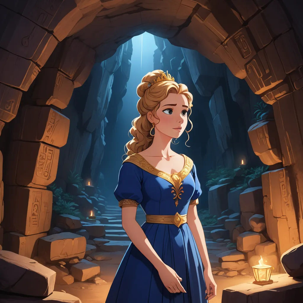 a cartoon of a woman in a blue dress standing in a cave with a light shining on her face, fantasy art, a character portrait, Caroline Chariot-Dayez, rossdraws global illumination