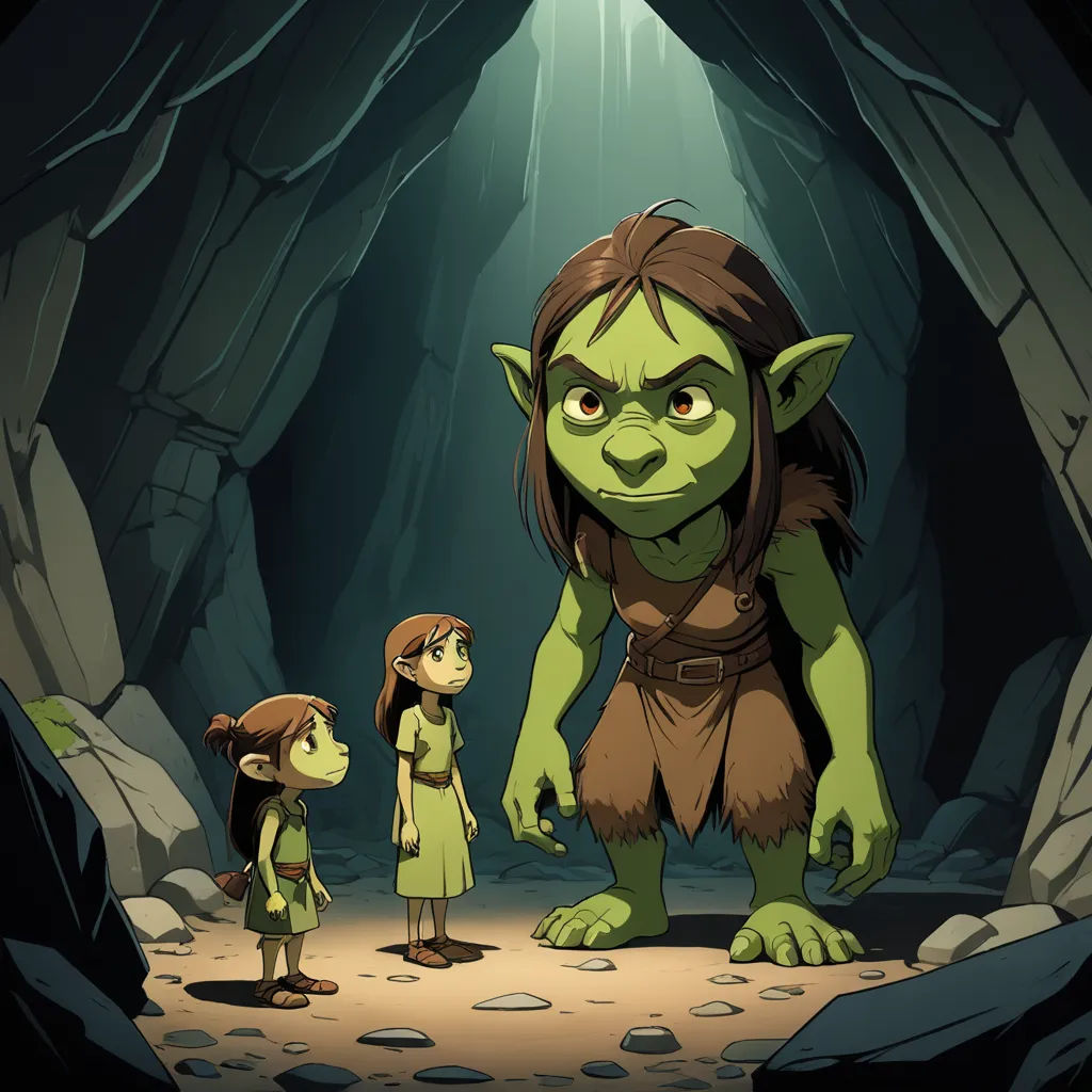 a cartoon of a troll and a girl standing in a cave with a light shining on them and a cave entrance, fantasy art, a storybook illustration, Diego Gisbert Llorens, 2 d game art
