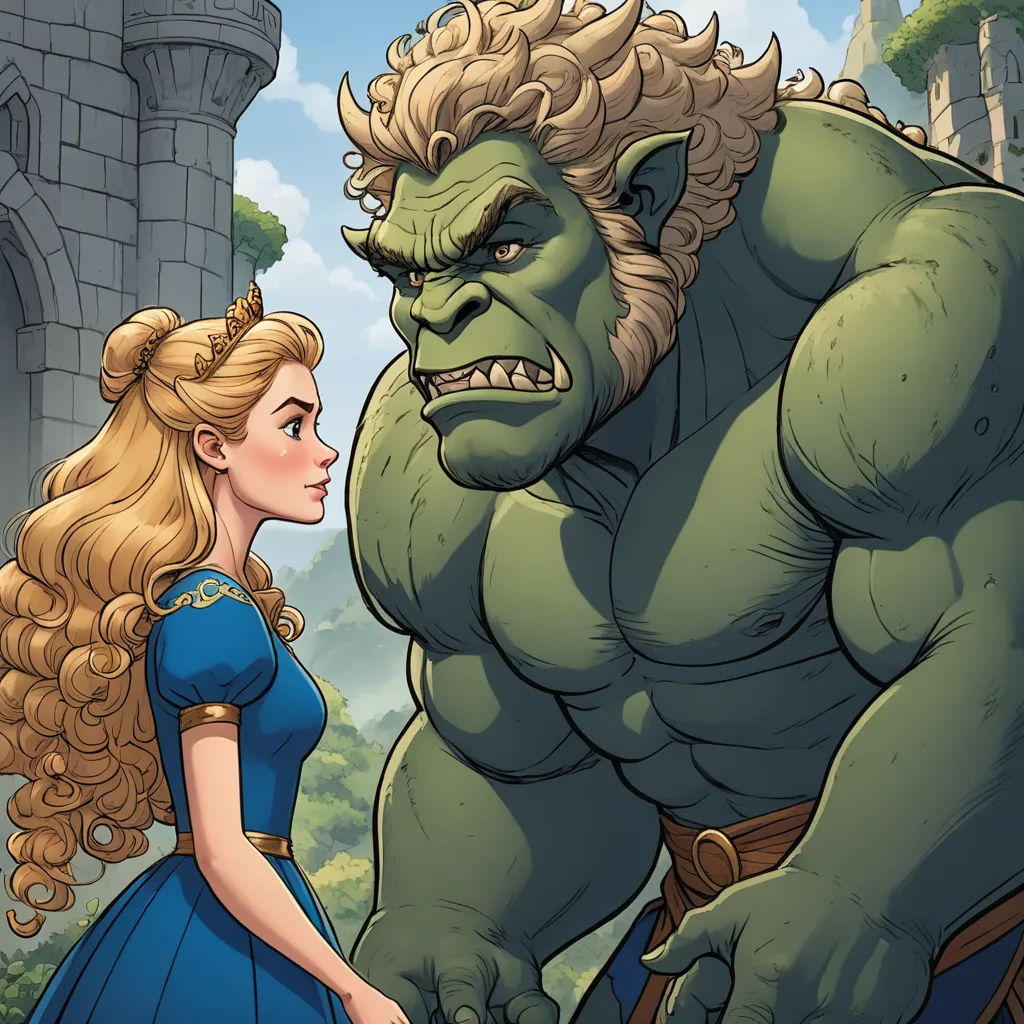 a cartoon of a woman and a giant monster in a castle setting with a castle in the background and a man in a blue dress, furry art, a comic book panel, Artgerm, official art