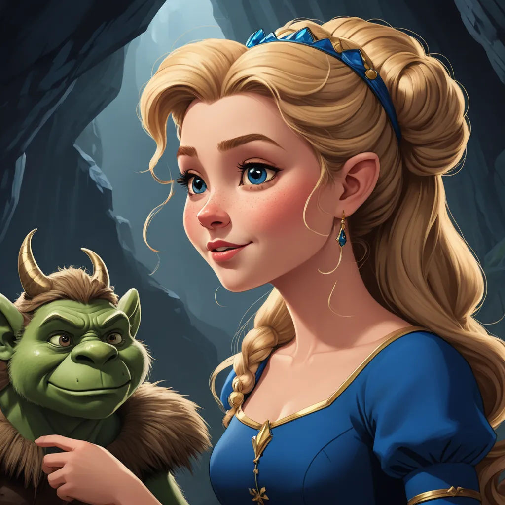 a cartoon of a woman holding a trolly and a green trolly in a cave with a cave entrance, fantasy art, a storybook illustration, Brom, deviantart artstation