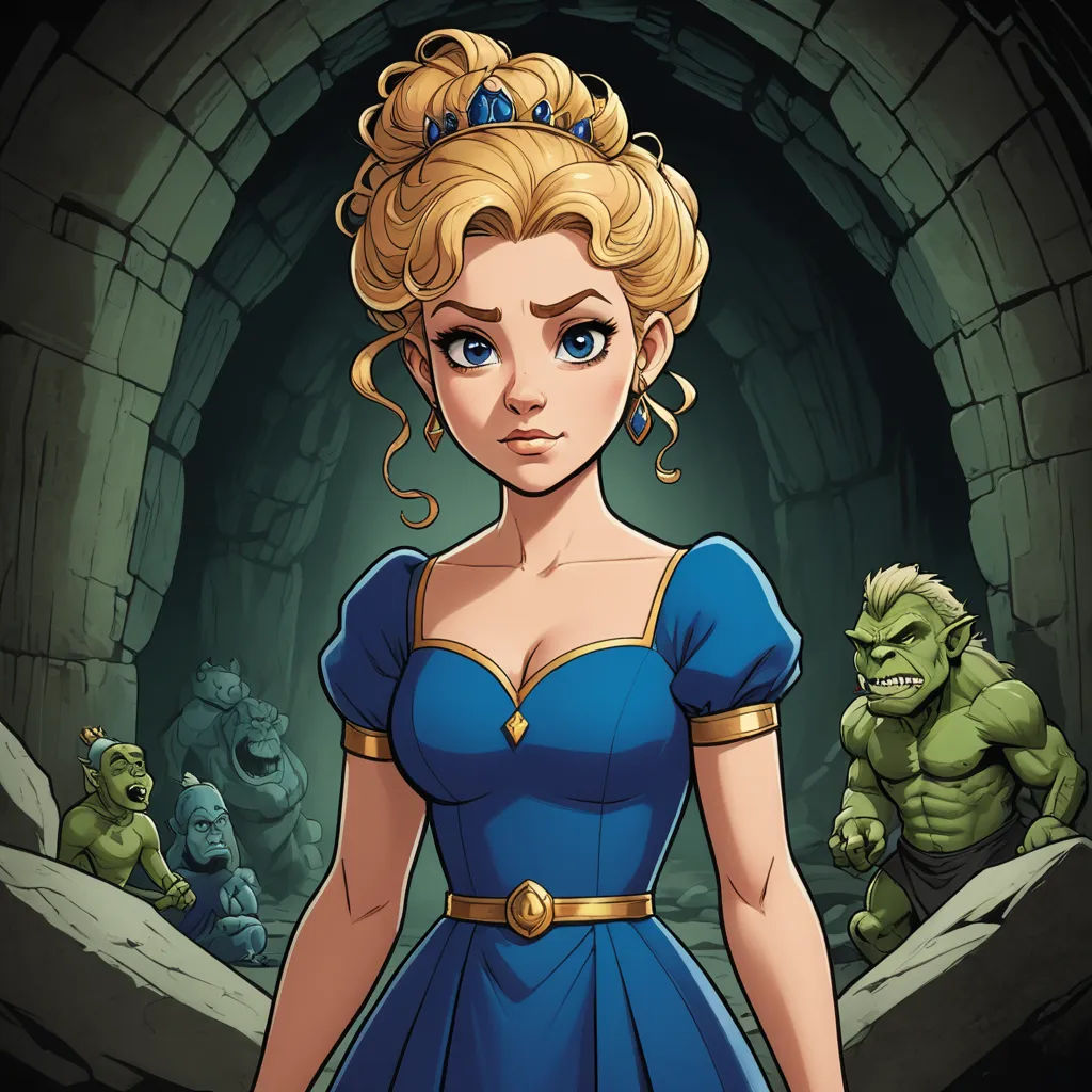a cartoon of a woman in a blue dress standing in front of a cave with monsters and a man in the background, fantasy art, a character portrait, Dan Mumford, rossdraws global illumination