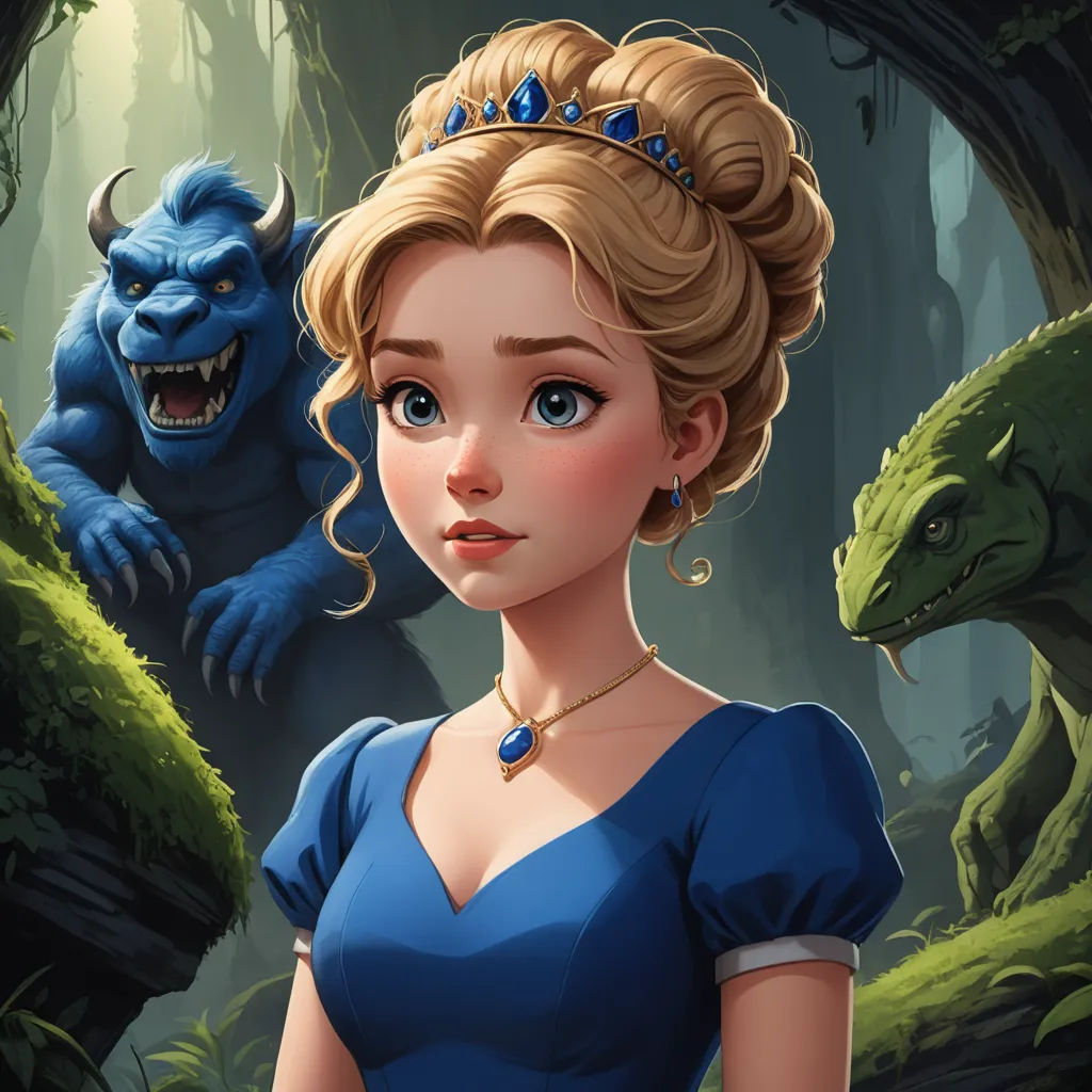 a woman in a blue dress standing in a forest with a monster behind her and a blue beast behind her, fantasy art, a storybook illustration, Charlie Bowater, 2 d game art