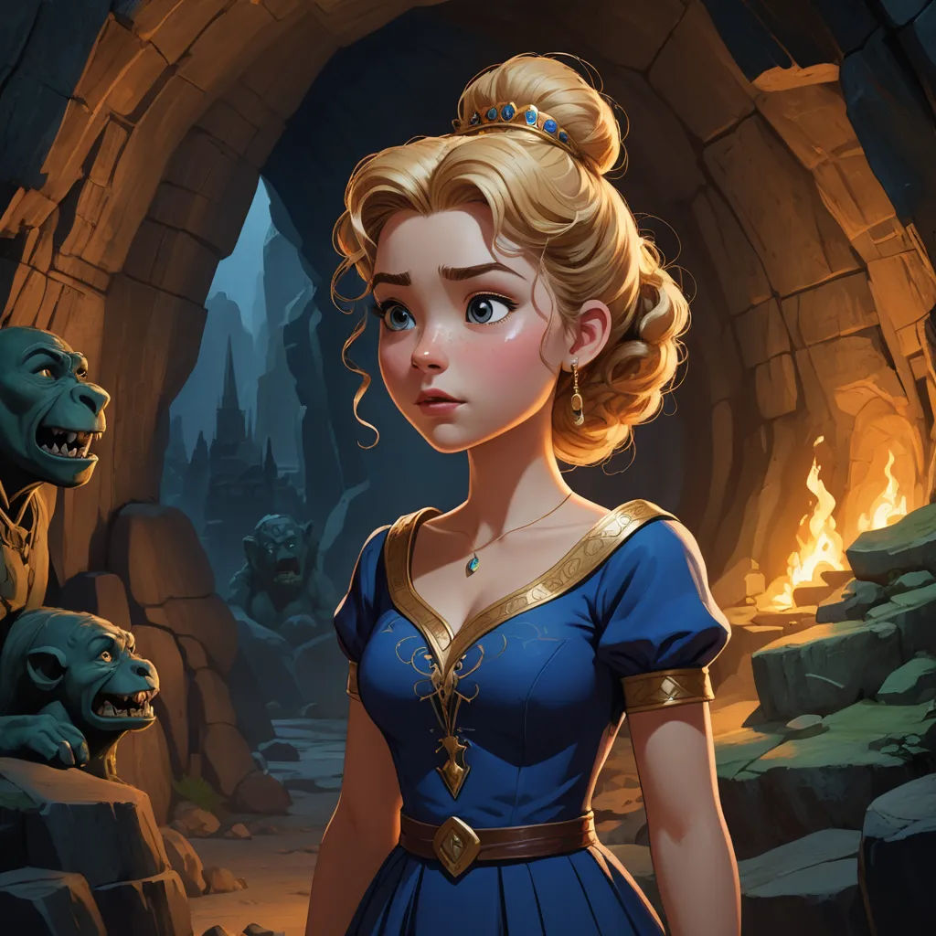 a cartoon of a woman in a blue dress standing in front of a cave with a monster in it, fantasy art, a storybook illustration, Charlie Bowater, rossdraws global illumination