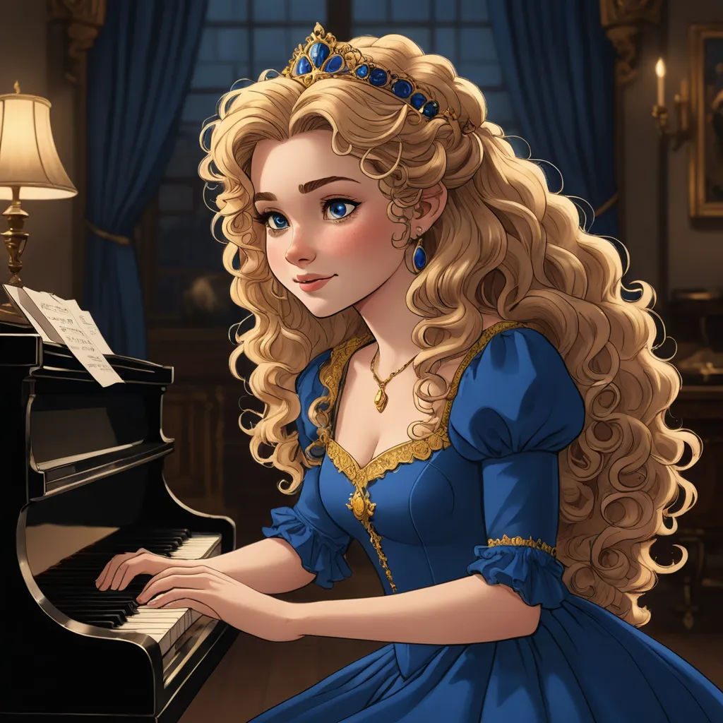 a cartoon of a woman in a blue dress playing a piano in a room with a lamp on the side, rococo, a character portrait, Clarice Beckett, highly detailed digital painting