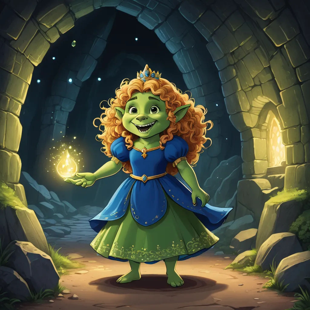a cartoon character in a green dress holding a glowing light in a cave with a stone archway and a stone wall, fantasy art, a storybook illustration, Chris Rallis, fantasy illustration