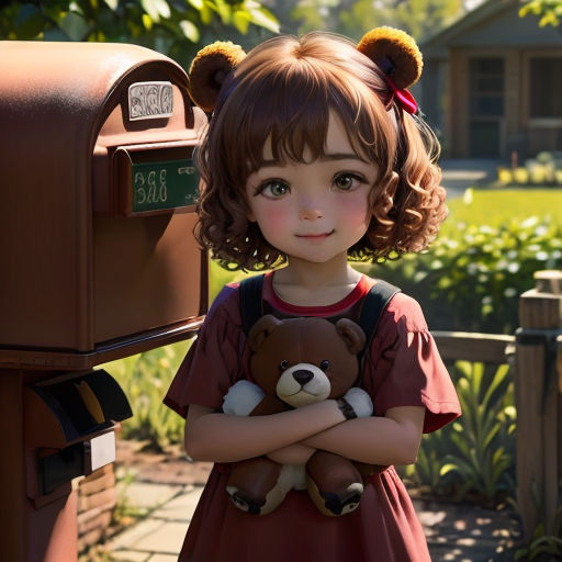 a little girl holding a teddy bear in front of a mailbox with a mail in it's hand
