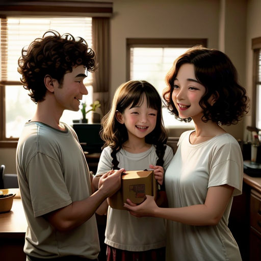 a woman holding a box with a boy and a girl standing next to her and smiling at the camera