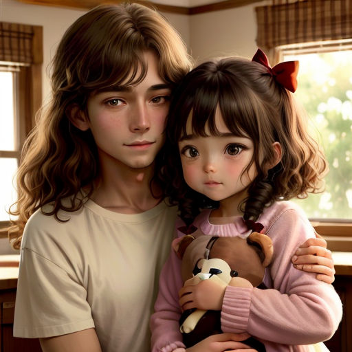 a man and a little girl are holding a stuffed animal bear in a room with windows and curtains on the walls