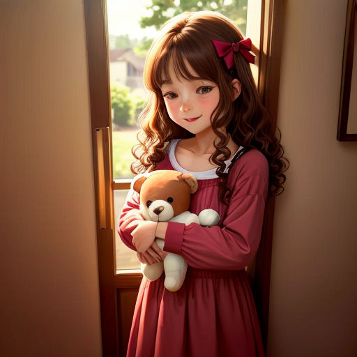 a girl holding a teddy bear in her arms in front of a window with a red bow on her head