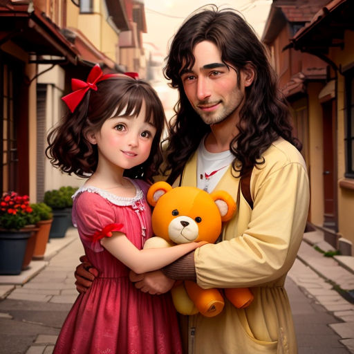 a man and a little girl are standing in front of a statue of jesus holding a teddy bear and smiling