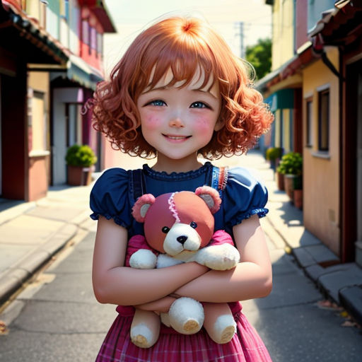 a little girl holding a teddy bear in her arms on a street with houses in the background and a red haired girl in a blue dress