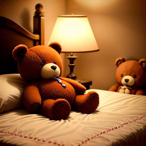 a teddy bear sitting on a bed next to a lamp on a nightstand in a bedroom with a bed and a night stand