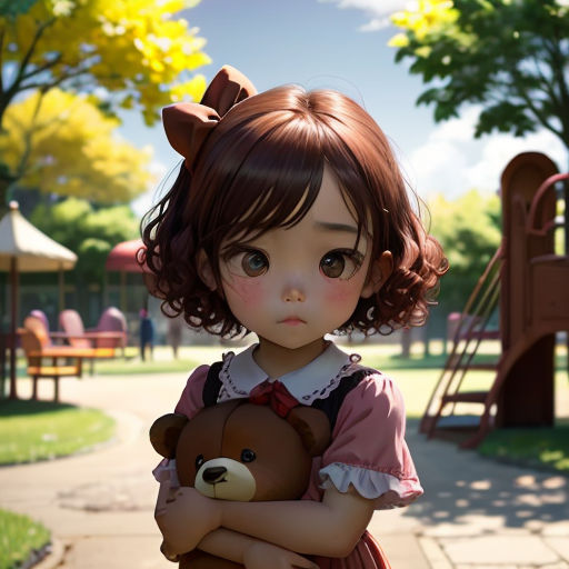 a little girl holding a teddy bear in a park area with a playground in the background and a playground in the background