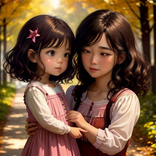 two little girls standing next to each other in a park with trees and leaves on the ground and one girl with her arms around the other