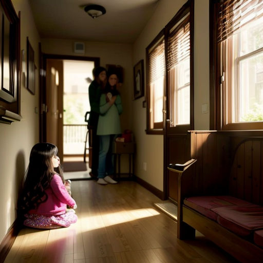 a little girl sitting on the floor in a hallway next to a woman and a window with blinds on it