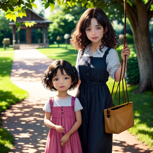 a woman and a little girl standing next to each other on a sidewalk in a park with a tree