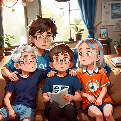a family of four sitting on a couch together in a living room with a window behind them and a book in front of them